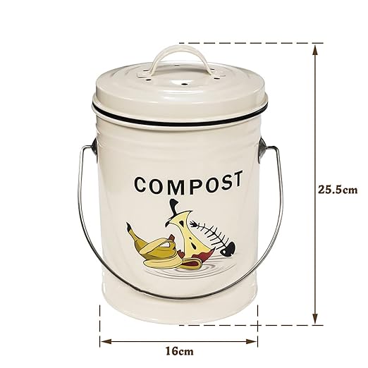 SOTECH Round Compost Bin Garbage Can for Kitchen Counter Garden Compost Can with lid Metal Shell Plastic Liner Trash Can Household Garbage Collection Kitchen Decoration Indoor Composter
