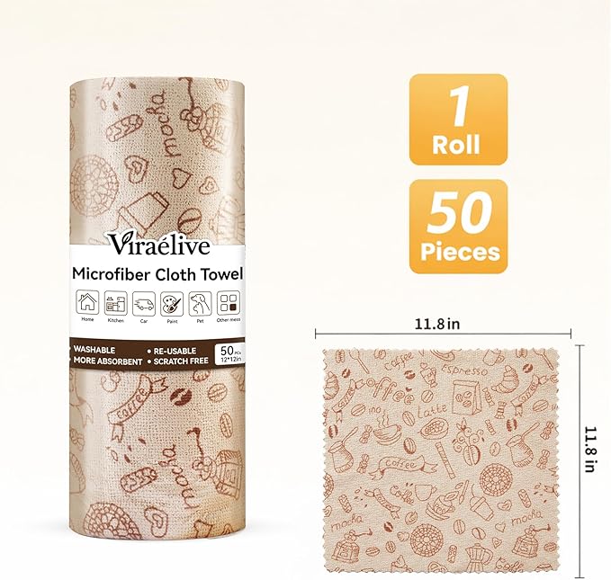 Microfiber Cleaning Cloth Roll, 50 Tear-Away Sheets, Reusable & Washable, Lint-Free, Non-Scratch Highly Absorbent,Cleaning Cloths for Kitchen, Home, Car & Windows, Food Pattern, 12 x 12 in