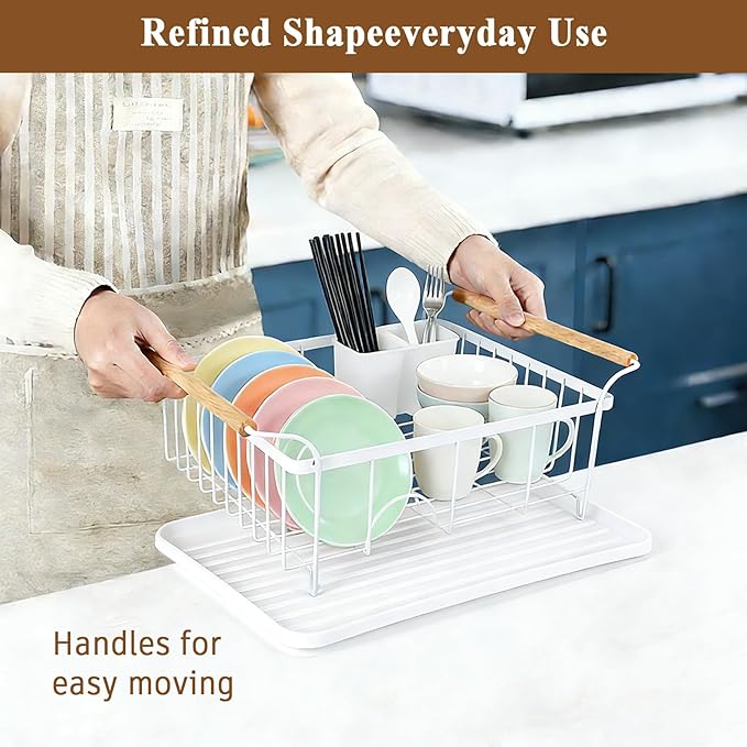Dish Racks for Kitchen Counter, Thickened Metal Dish Drying Rack with Wooden Handles, Kitchen Countertop Organizer for Dishes, Spoons and Forks, No Assembly, White, 18.7''*12.6''*5.51''