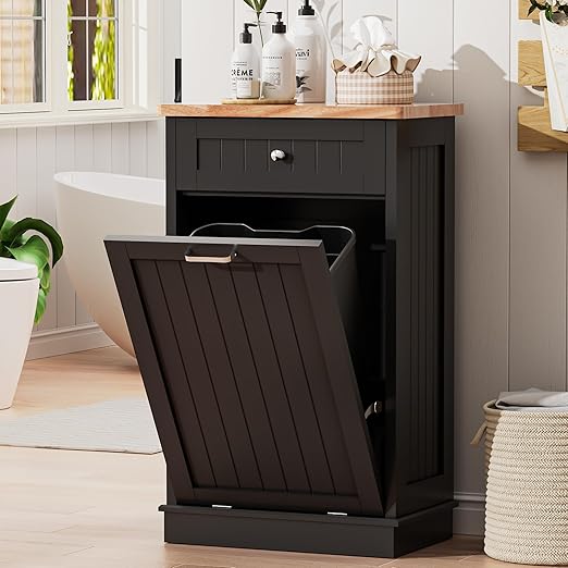 AHB 13 Gallons Tilt Out Trash Cabinet, Hidden Trash Can Cabinet Kitchen Wooden Tilt Out Pet Proof Hidden Trash Bin for Kitchen Living Room, Black