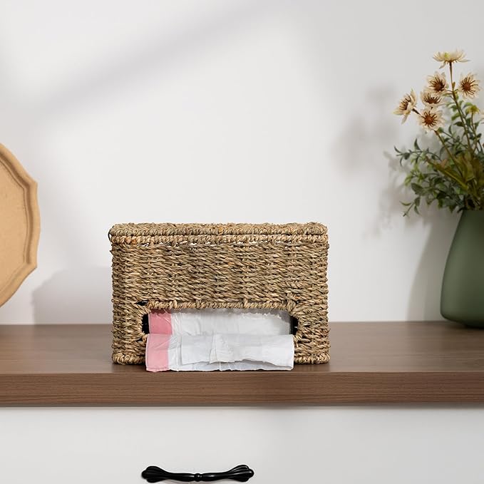 StorageWorks Trash Bag Holder with Lid, Wall Mount Seagrass Plastic Bag Holder for Kitchen, Cabinet and Countertop