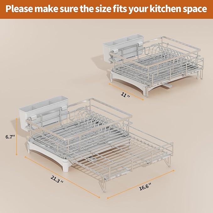 Laveshop Dish Drying Rack, 304 Stainless Steel Expandable Dish Drainer for Kitchen Counter, Space-Saving with Utensil Holder, Gray