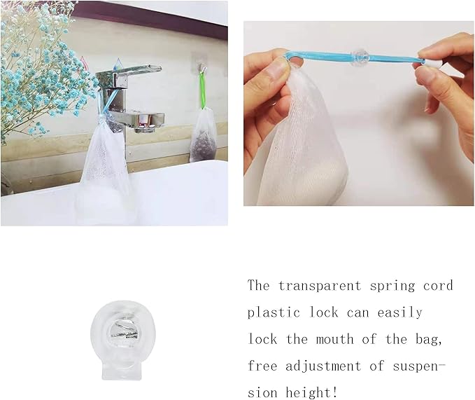 12PCS Exfoliating Soap Mesh Saver Pouch Bag and 5 PCS Transparent Spring Cord Plastic Lock for Shower Face Washing,Easy to Bubble and Store Small Soap (Colorful Drawstring)