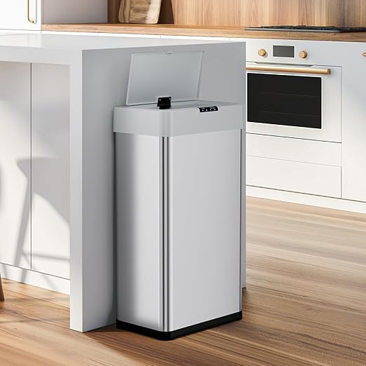 Sensor Trash Can, Touchless Motion Sensor Trash Bin, Smart Automatic Garbage Can with Soft-Close Lid, Bag Retainer Ring and Display Light,for Kitchen,Living Room Office (Silver, 21.1 Gal)