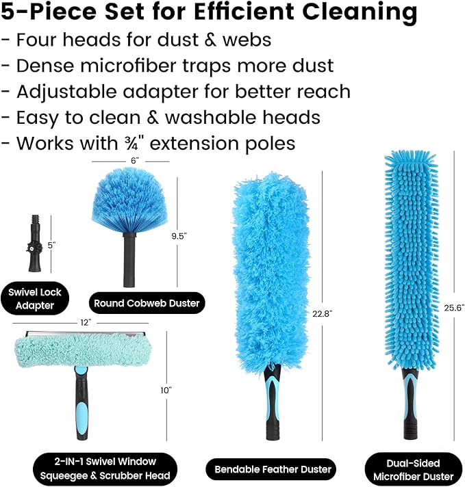 Ceiling Fan Duster Kit - 5-in-1 Cobweb Feather Duster & Squeegee Heads - Washable Bendable Microfiber - Fits Standard 3/4" Pole, Blue
