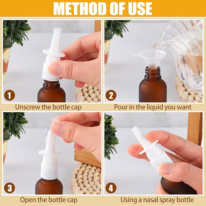 20 Pcs Nasal Spray Bottle, 30ML/1oz 12 Pcs Brown Empty Refillable Matte Glass Nasal Spray Bottle with 4 Funnels and 4 Labels