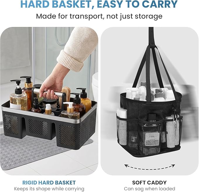 BYUNER Plastic Shower Caddy Dorm: Portable Cleaning & Shower Caddy with Handle, 4 Divided Compartments, All-Side Drainage, Rigid Plastic Basket Tote for College Dorm & Bathroom Use, Black/Silver