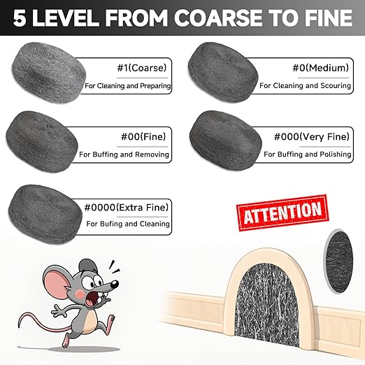 Steel Wool Mice Control, 65FT(1.1LB)#00 Steel Wool, Keep Mouse Away from Holes, Barrier and Gap Filler for Home, Wall, Garden, Kitchen, Pipeline in Garage, Fine