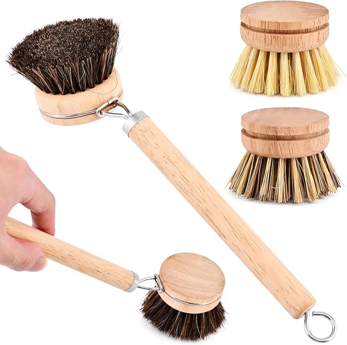 Bamboo Dish Brush with Handle, 3 Natural Bristle Heads (Horsehair, Sisal, Palm) Replaceable Heads, Wooden Dish Brush for Washing and Cleaning Pot Pan Bowl