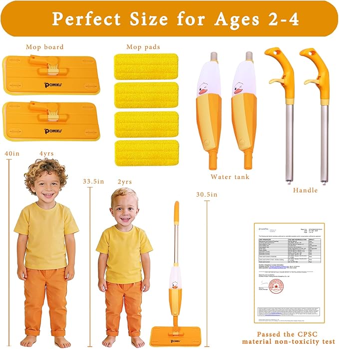 2PACK Kids Mops-Real Spray, No Batteries| Compatible with Disaposable Duster| Montessori Toys for Toddlers Age 2-5 Year Old, Kitchen Cleaning Set Gifts for Boys Girls (4 Microfiber Pads)
