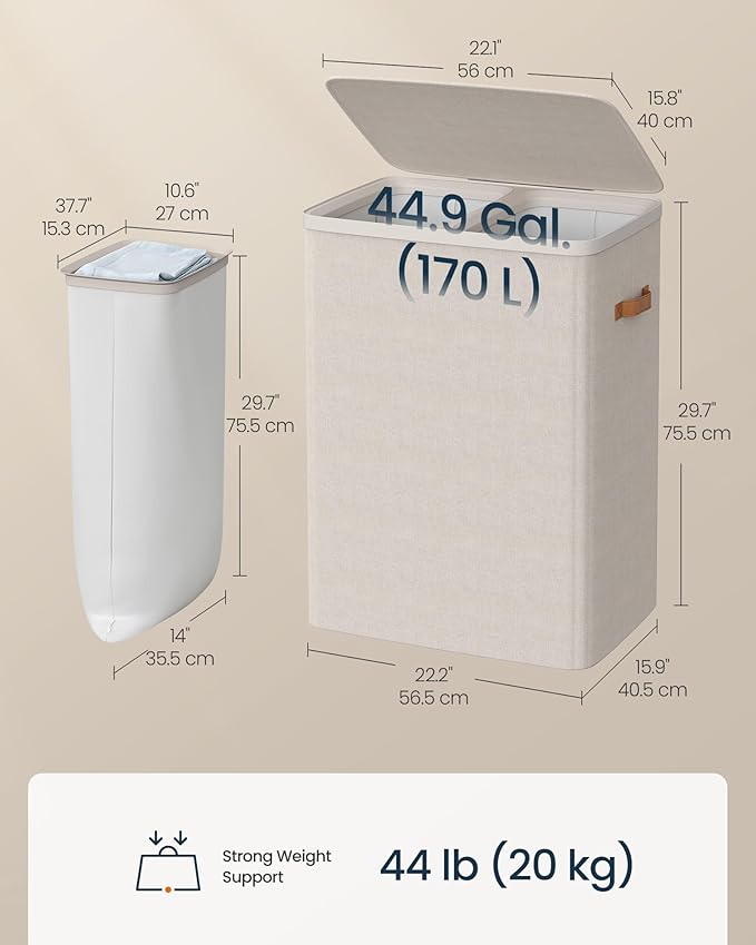 SONGMICS HOME Laundry Hamper with Lid, 2 Section Laundry Basket with Removable Liners and Handles, Foldable Clothes Sorter for Bedroom, Bathroom, Beige
