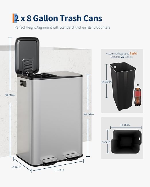 OUTLANE 2 X 8 Gal Stainless Steel Double Trash Can with Lid, Dual Compartment Step-on Kitchen Garbage & Recycle Bin, Metal Waste Bin with Removable PP Buckets, Liner Rim, Silver