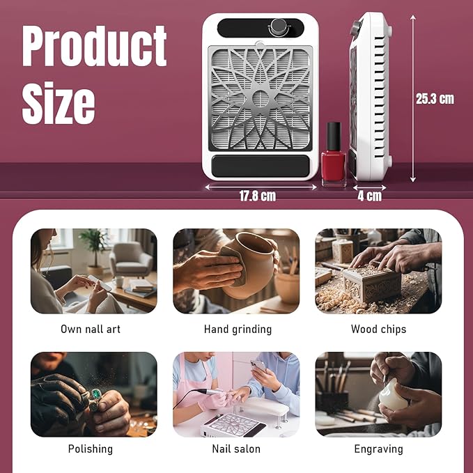 Nail Dust Collector Vacuum for Nail Techs – Powerful Suction, Quiet 3-Speed Fan, Reusable HEPA Filter, One-Knob Control, Compact Portable for Gel/Acrylic Nails, Salon & Home