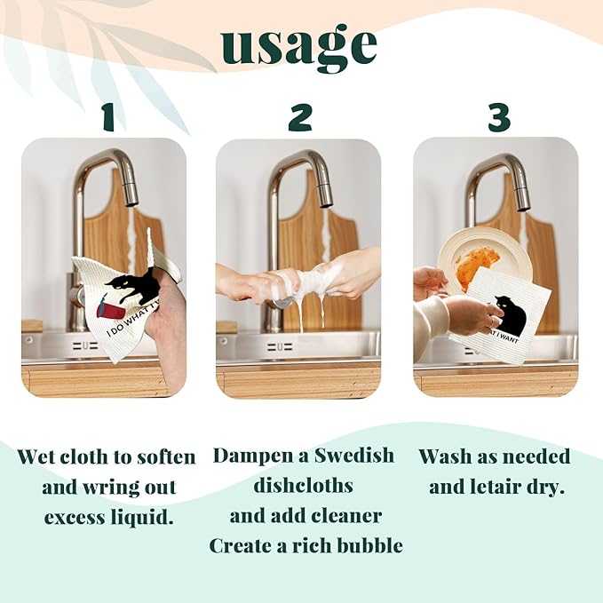 Cat Cute Swedish Dishcloths for Kitchen, Cat Dish Towels, Papaya Reusable Paper Towels, 4 Pack Dish Towels for Kitchen, Swedish Dish Cloths, Reusable Paper Towels Washable