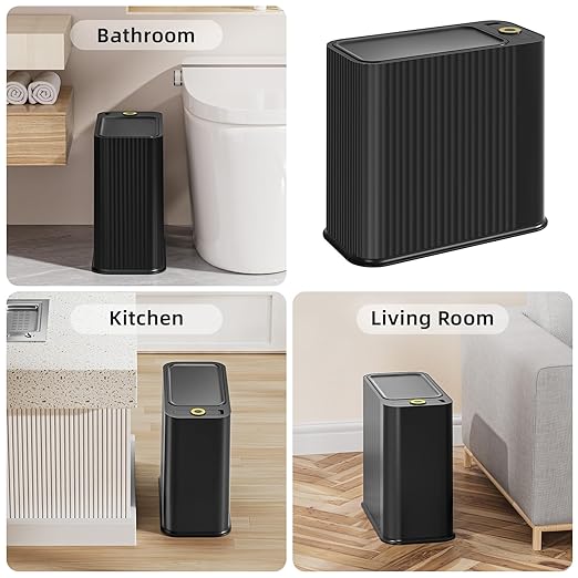 SUBEKYU Bathroom Trash Can with lid,3.5 Gal Small Kitchen Garbage Can,Plastic Office Waste Bin,Slim Wastebasket for Narrow Space,Black