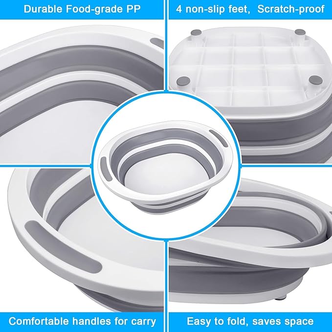 Collapsible Wash Basin, 7.5L Dish Tub Sink Basin Folding Dish Pans for Kitchen Sink, 2-in-1 Dishpan + Cutting Board, Portable Sink Dish Basin for Camping BBQ Prep Tub Washing Bin with Drain Plug + Lid