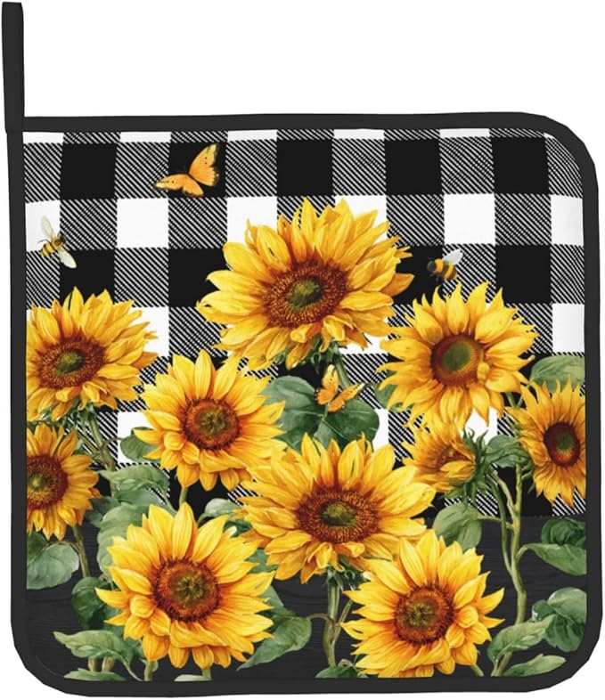 Sunflower Oven Mitts and Pot Holders Sets of 2 Buffalo Plaid Kitchen Mitts Farmhouse Hot Pads for Cooking Baking Grilling