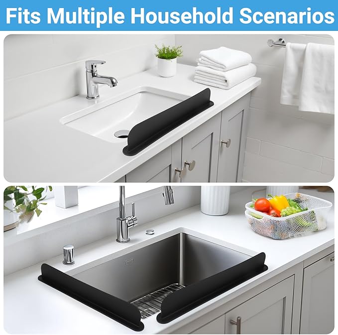 19.3 inch Sink Water Splash Guard, Silicone Sink Splash Guard, Backsplash Protector for Kitchen Countertop & Bathroom Bathtub with Non-Slip Strong Suction, Black