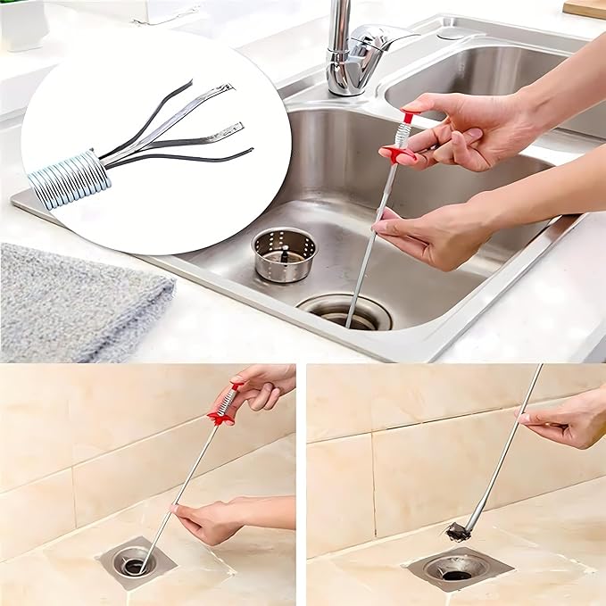 Flexible Drain Clog Remover Tool, Extra Long Plumbing Snake Hair Catcher with 4-Prong Grabber Claw, Heavy-Duty Spring Reacher for Kitchen Sink, Bathroom Tub, Sewer & Dropped Items (63 inch)