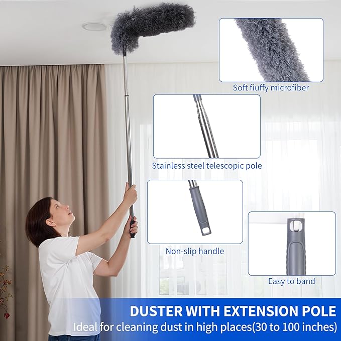FrutPunch Duster with Extension Pole,Ceiling Fan Cleaner Duster Set of 6, Telescopic Cobweb Feather Duster 100 Inch,Ceiling Fan Duster, House Cleaning Tool Set
