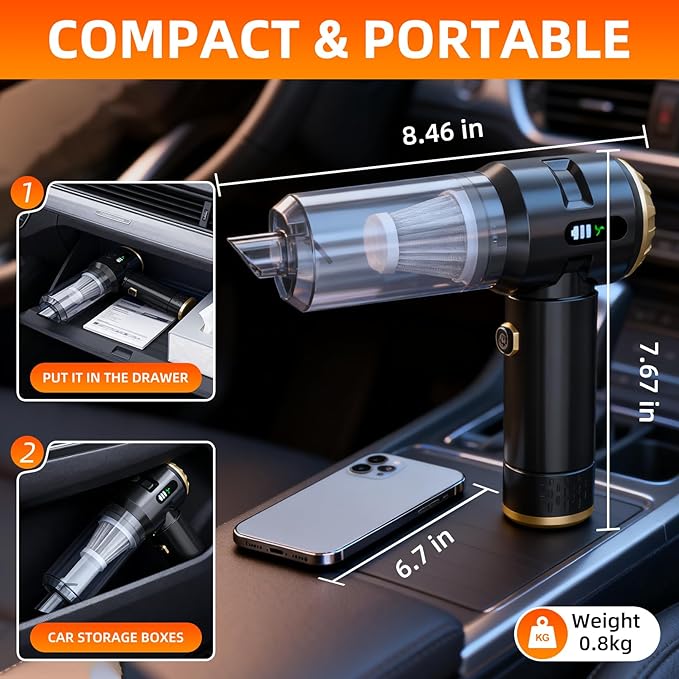 Handheld Vacuum Cleaner Cordless, 23000Pa Powerful Car Mini Vacuum Cleaner, Rechargeable Portable Lightweight dust Catcher for Home Car Carpet Stairs Pet Hair Deep Cleaning(Black-Gold).