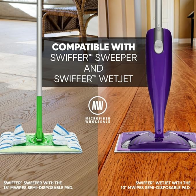 10" MWipes Semi-Disposable Microfiber Mop Pads - Compatible with Swiffer Wet Jet - Replacement Flat Mop Heads Compatible with Any Flat Mop System, 25 Pack