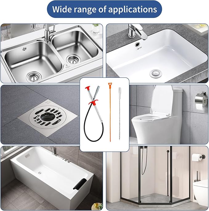 34inch Drain Snake (1pc), 20inch Hair Drain Clog Remover (12 pcs) & 18Inch Cleaner Brush (2 pcs), Sink Plumbing Snake Drain Tool Unclogger Tool Set For Kitchen, Bathroom Tub, Sewer, Toilet