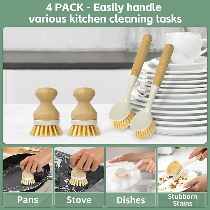 4 PCS Kitchen Dish Scrub Brush Set - Dish Scrubber Brush with Long Handle Build-in Scraper for Stubborn Stains, Kitchen Scrub Bushes with Durable Bristle for Pots, Pans