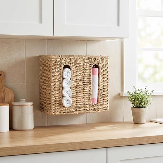 Trash Bag Holder Dispenser, Wall Mount Garbage Bag Storage Organizer Under Sink with Lid, 2 Slot Plastic Bag Holder for Kitchen Cabinet, Bag Container for Grocery Bags, Paper Rope