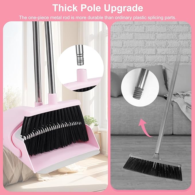 BSKLIN Pink Broom and Dustpan Set, 52-in Handle Broom Dustpan Combo Set Household Hand Broom with Dustpan Teeth to Clean Hair for Home Kitchen Office Lobby Sweeping Indoor(Pink)