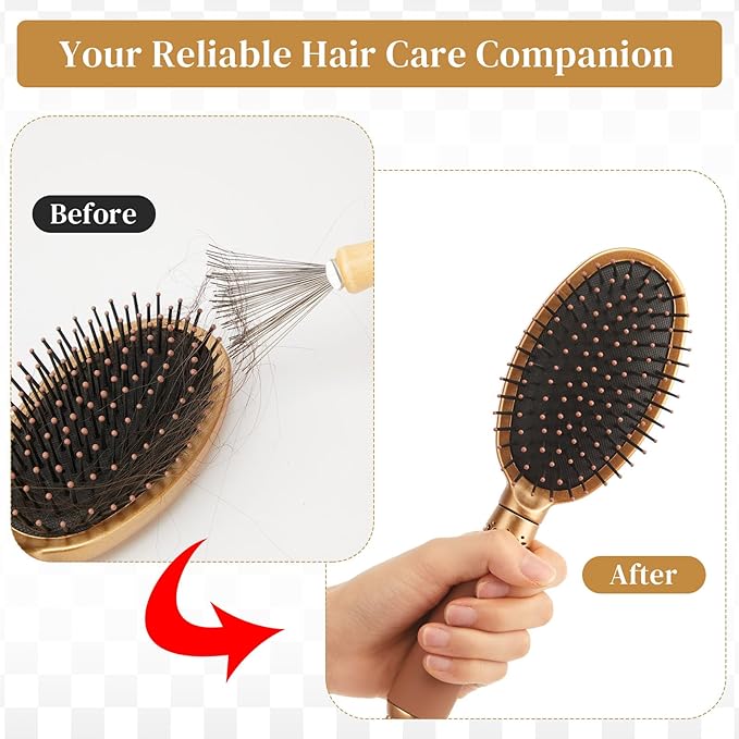 Boao 2 Pieces Hair Brush Cleaning Tool Comb Cleaner Brush Mini Comb Cleaning Hair Remover Tool for Removing Dust Home and Salon Use(Gray, Wood Color,Polished Wooden Handle Rake)