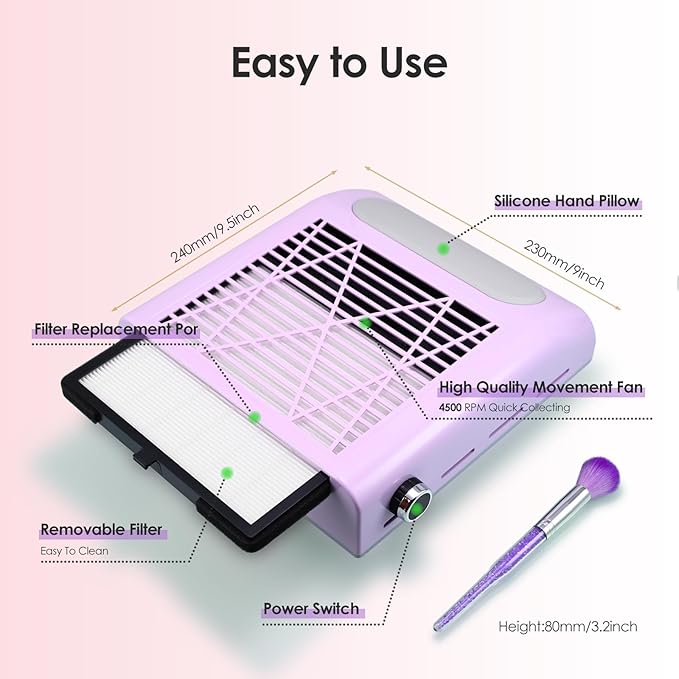 Nail Dust Collector with Reusable Filter & Brush, 80W Powerful Adjustable Electric Nail Fan Dust Vacuum Suction Extractor for Acrylic Gel Nails Polishing Manicure Tool, Low Noise
