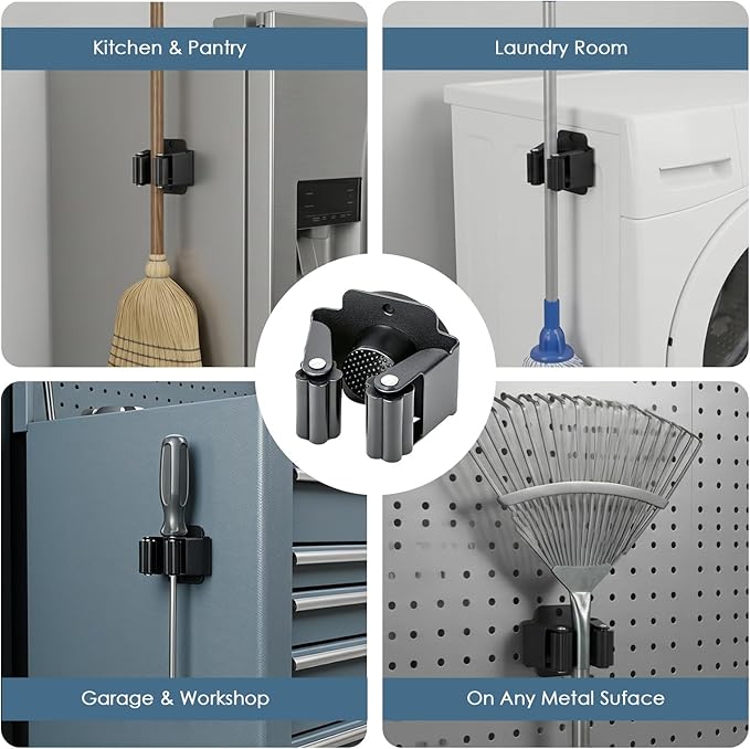 Magnetic Broom Holder Wall Mount, 5PCS No-drill Broom and Mop Organizer Wall Hanging,12lbs Heavy Duty Magnetic Tool Holder for Work Garage Laundry Kitchen RV Van Accessories (10)