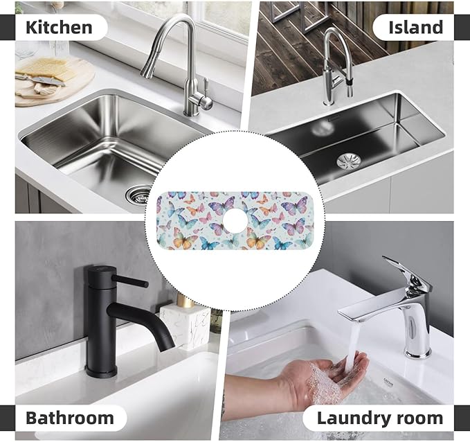 Butterfly Butterflies Kitchen Sink Splash Guard Faucet Mat Super Absorbent Fast Drying Mat Sink Gadgets-Fast Drying Pad Sink Mat For Kitchen Bathroom (15" X 5.5" )