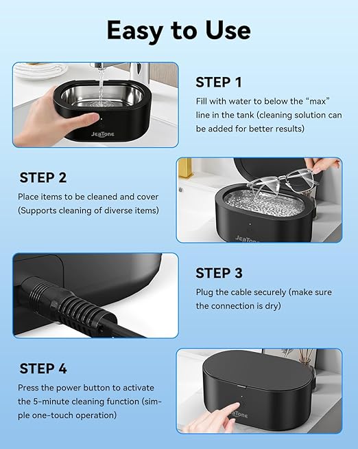 JeaTone Ultrasonic Jewelry Cleaner, 46KHz Sonic Jewelry Cleaner Machine for All Jewelry, Eyeglasses, Retainers, Dentures, Rings, Watches, Earrings & More, 304 Stainless Steel 20oz Cleaning Pod (Black)