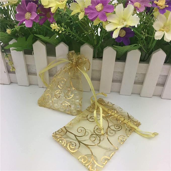 100 Pcs 5x7 inch Gift Wrap Bags Gold Rattan, Organza Sheer Clear Tulle Fabric, Drawstring Mesh Bags for Baby Shower Favor, Jewelry, Birthday Party Favor,Sachet,Christmas Favour,Craft Business,Jewelery