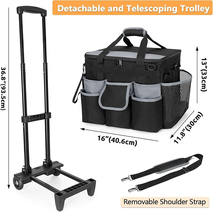 HODRANT Large Rolling Cleaning Caddy with Detachable Trolley & Lid, Cleaning Cart on Wheels with Shoulder Strap & Handles, Cleaning Supplies Organizer with Multi Pockets for Cleaning Tools Storage