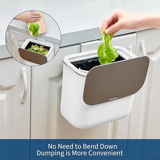 1.8 Gallon Kitchen Compost Bin for Counter Top or Under Sink, Hanging Small Trash Can with Lid for Cupboard/Bathroom/Bedroom/Office/Camping, Mountable Indoor Compost Bucket - White