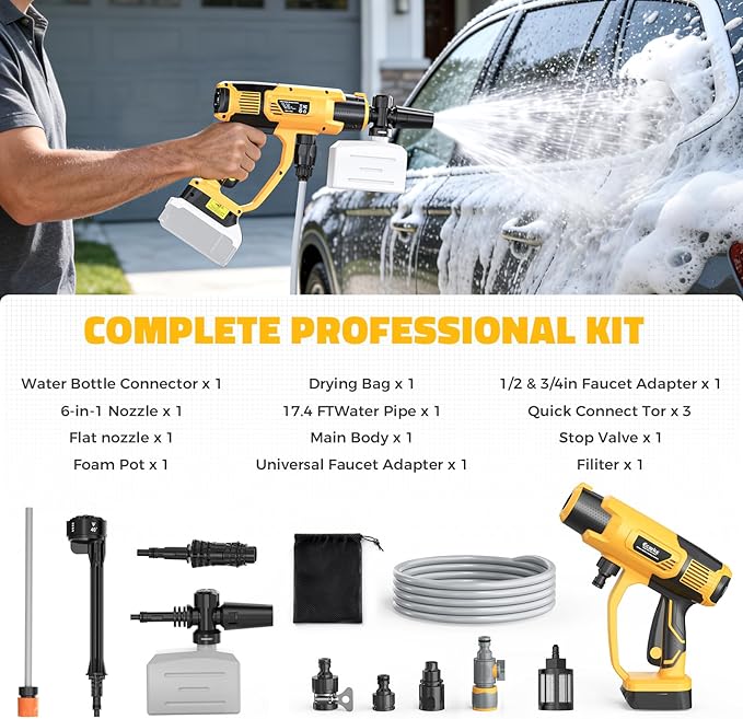 Ecarke Portable Car Cleaning Tool Compatible with Dewalt 20V Battery, 6-in-1 Nozzle & Foam Cannon, 3-Speed Adjustment, 5m Hose, Brushless Motor for Car Floor, Patio, Fence(Tool ONLY, NO Battery)