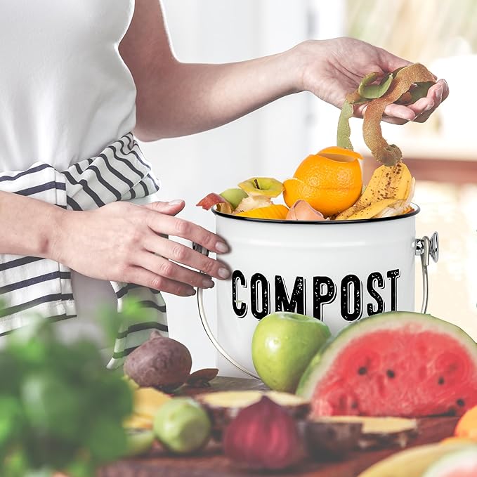Granrosi Countertop Compost Bin Kitchen, 1.3 Gallon Stainless Steel Indoor Compost Bucket with Lid – Farmhouse Design, Odorless & Rust-Free Counter Pail with Carry Handle and 3 Charcoal Filters