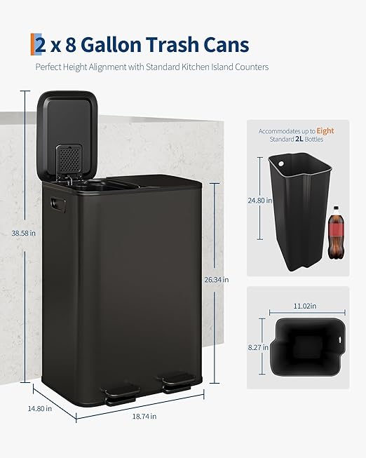 OUTLANE 2 X 8 Gal Stainless Steel Double Trash Can with Lid, Dual Compartment Step-on Kitchen Garbage & Recycle Bin, Metal Waste Bin with Removable PP Buckets, Liner Rim, Matte Black