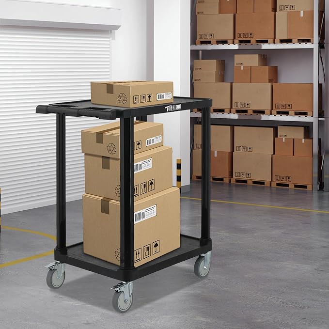 TUFFIOM 3-Tier Plastic Service Utility Cart, Rolling Flat Cart with Wheels, Large Capacity, Multi-function Handle Storage and Mute Flexible Wheels with Braker, Great for Office Warehouse Garage, Black