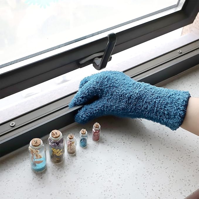 Patelai 2 Pairs Microfiber Gloves for plants Dusting Cleaning Glove Mittens House Cars Blinds Dusting(Blue,Large)