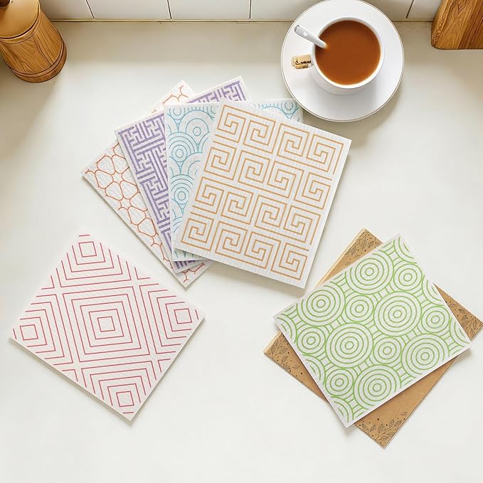 Homaxy Swedish Dishcloths for Kitchen, 8 Pack Geometric Reusable Paper Towels with Clips, Absorbent Cellulose Sponge Dish Cloths for Washing Dishes, Non-Scratch & Odor-Free Dish Rags
