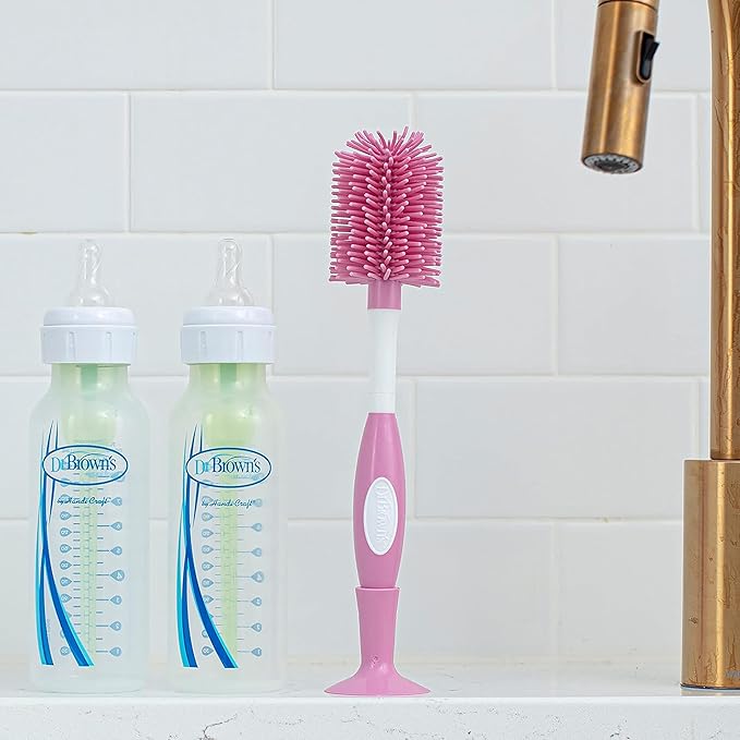 Dr. Brown's Soft Touch No Scratch Baby Bottle Cleaning Brush, Nipple Cleaner & Suction Cup Base for Easy Storage, BPA Free, Pink, 4 Pack