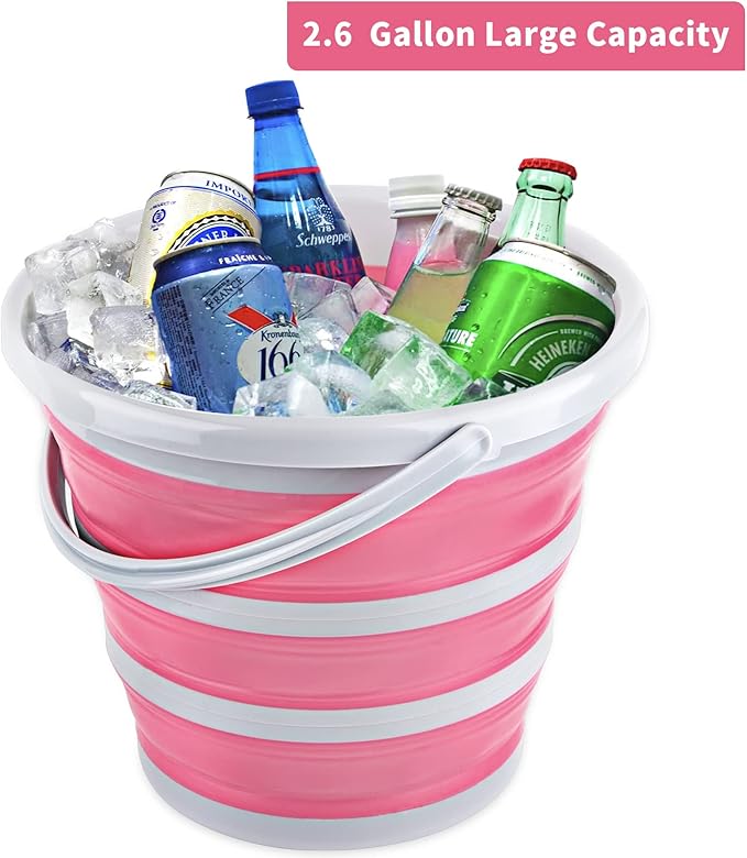 Collapsible Bucket 10L 2.6 Gallon Cleaning Bucket Mop Bucket Folding Foldable Portable Small Plastic Water Supplies for Outdoor Garden Camping Fishing Car Wash Space Saving Pink