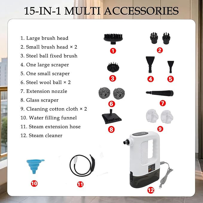 15-in-1 Pressurized Multi-Purpose Natural Handheld Steam Cleaner, 15s Instant Heat Portable Steamer with 400ml Tank, Multi-Surface Deep Cleaning for Home, Grout, Furniture, Couch, Car, Bathroom, Floor