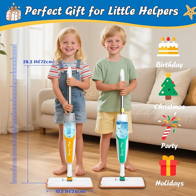 Kids Spray Mop Toy - Real Working Toddler Cleaning Set with 420ML Water Bottle, Scraper & 2 Washable Pads, Montessori Housekeeping Cleaning Toy for Pretend Play