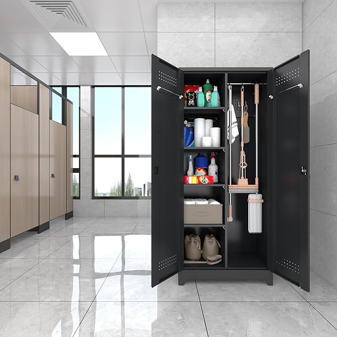 73" H Garage Storage Cabinet,Broom Closet Storage Cabinet with Adjust Shelves,Utility Cabinet,Utility Closet for Garage,Office,Black