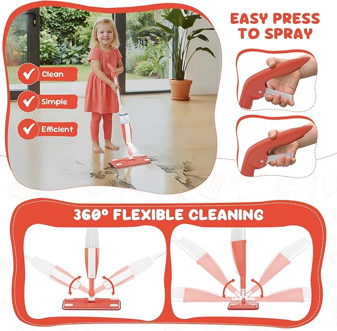 Kids Spray Mop - Chores Chart Set Montessori Cleaning Set Toy with Real Water Sprayer 2PCS Washable Pads and 10PCS Disposable Mop Pads for Ages 3-8 (Pink)